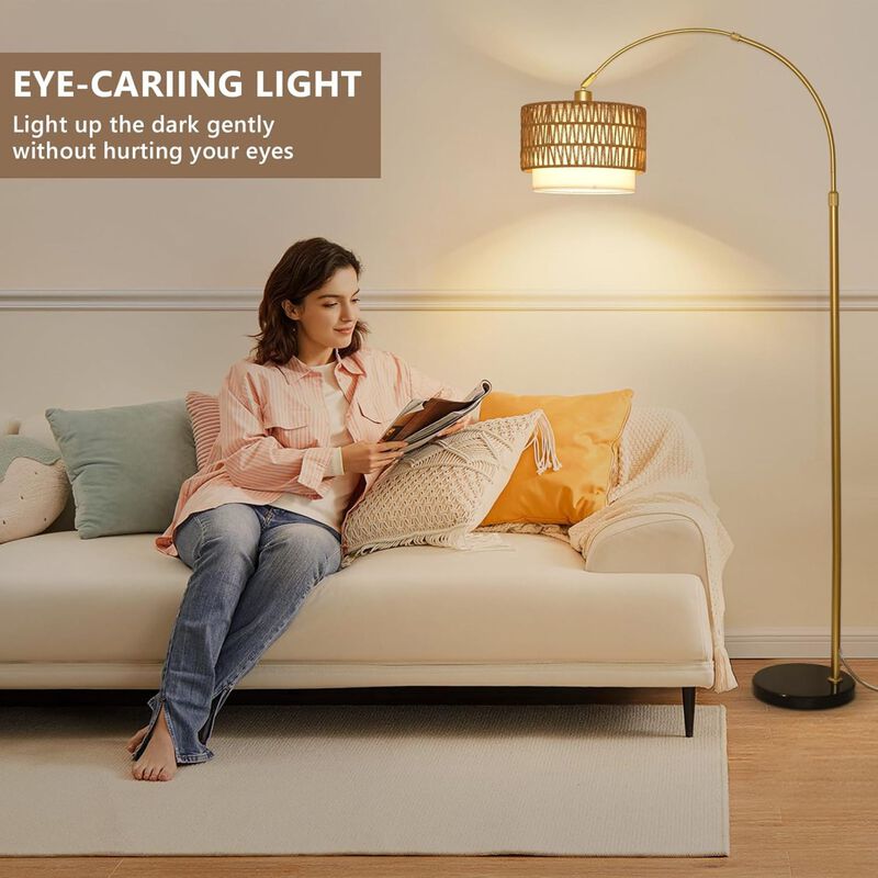 ELEMENT ACE Adjustable Height Arc Floor Lamp with Dimmable LED Bulb, Remote & Foot Switch Control, Rattan & Linen Shades, Tall Standing Lamp for Living Room Bedroom image number 3