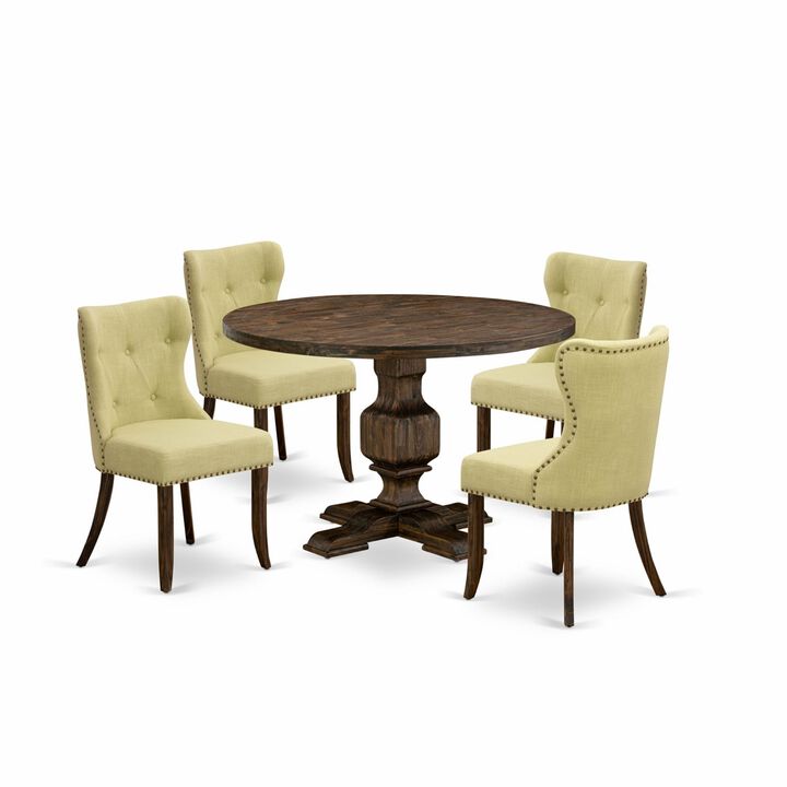 East West Furniture I3SI5-737 5Pc Dining Set - Round Table and 4 Parson Chairs - Distressed Jacobean Color