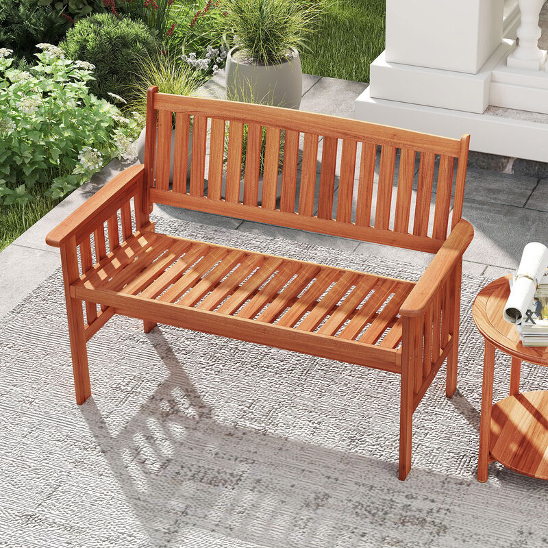 2-Person Outdoor Patio Park Bench with Backrest, Armrests, and Slatted Seat-Natural image number 4