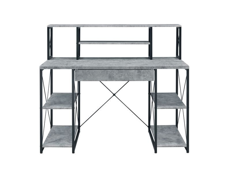 Metal Desk with 4 Open Bottom Shelves and Bookcase Hutch, Gray and Black