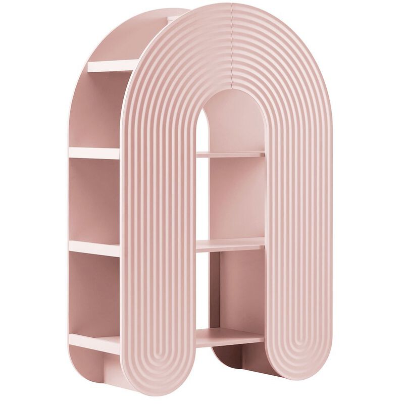 Red arched bookshelf with spacious shelves and nylon accents image number 0
