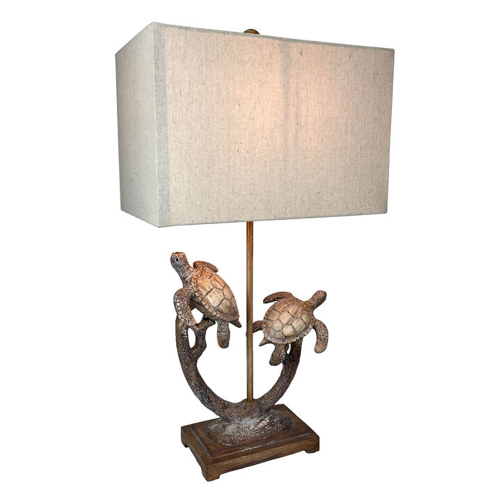 Set of 2 Double Sea Turtle Table Lamps Coastal Nautical Resin 27.75" w/Shades