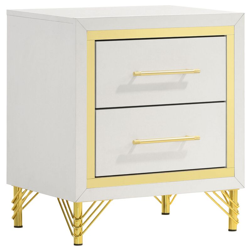 Jenny Nightstand, 2 Drawers, Hairpin Style Legs in Gold, Bar Handles, White - Benzara
