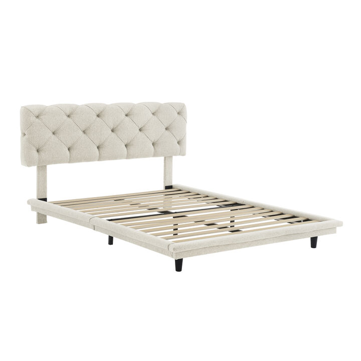 Full Size Upholstered Bed with Light Stripe, Floating Platform Bed, Linen Fabric, Beige