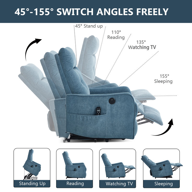 Chenille Single Motor Power Lift Recliner Chair with Heat Massage and USB Charging for Elderly