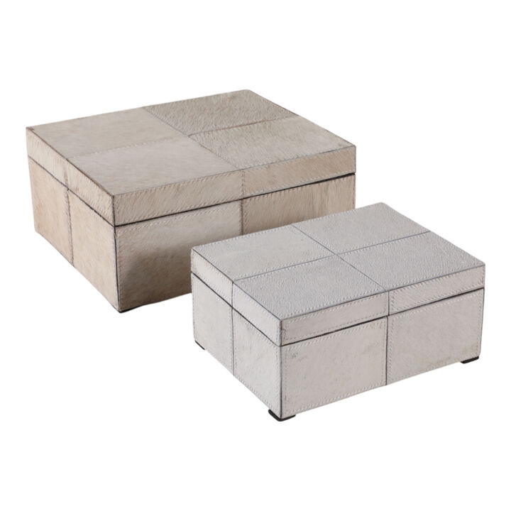 S/2 9/12" Hair On Hide Patchwork Boxes, Ivory/tan