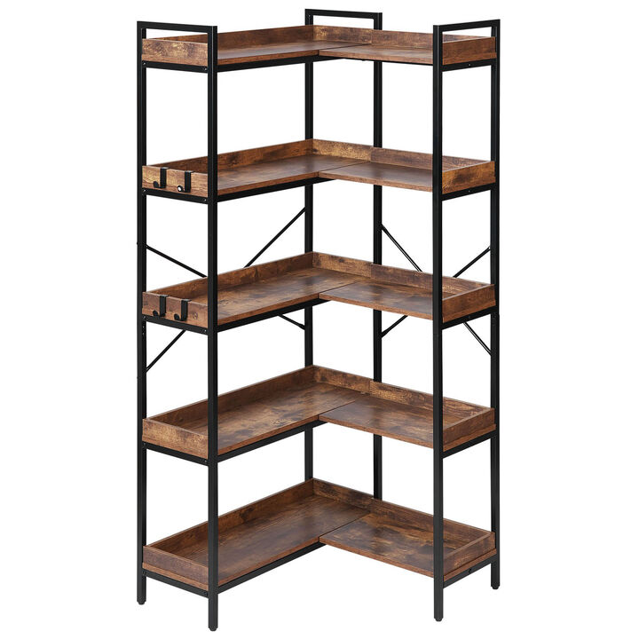 Industrial Corner 5-Tier Bookshelf with Hooks, Metal Frame Wood Shelves, L-Shaped Display Rack
