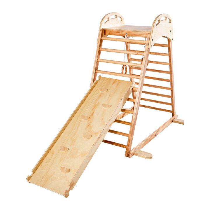 Wooden Indoor Playground Jungle Gym 4-in-1 Kids Climber with Slide, Ladder & Rings-Natural