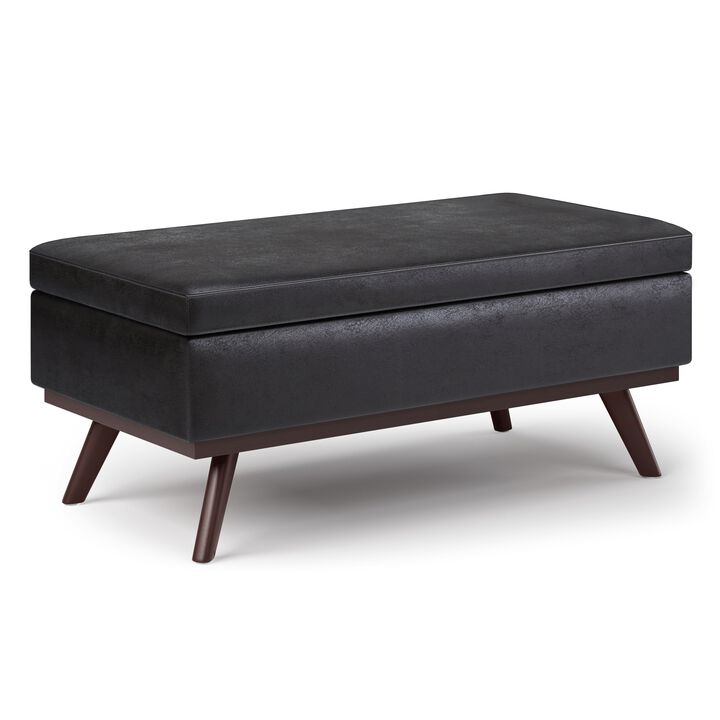 Owen Lift Top Large Coffee Table Storage Ottoman in Distressed Black Faux Leather