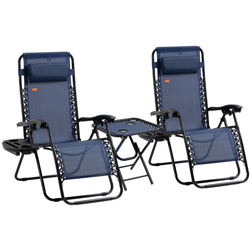 Zero Gravity Lounger Chair Set of 3, Folding Reclining Patio Chair with Side Table, Cup Holder and Headrest for Poolside, Camping, Blue