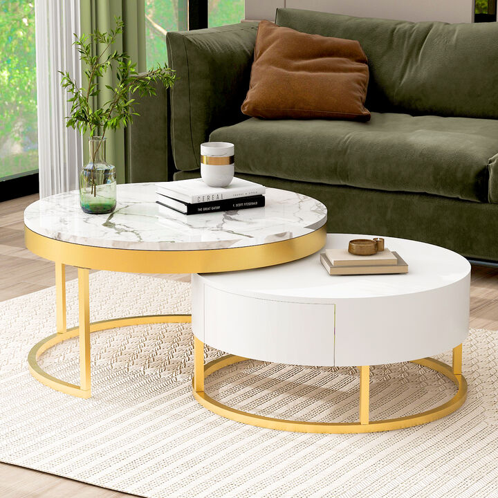 Merax Modern Round Nesting Coffee Table with Drawers