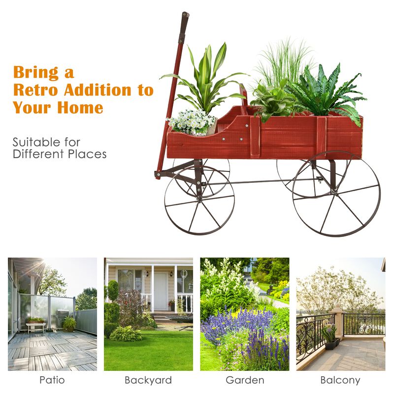 Wooden Wagon Plant Bed With Wheel for Garden Yard