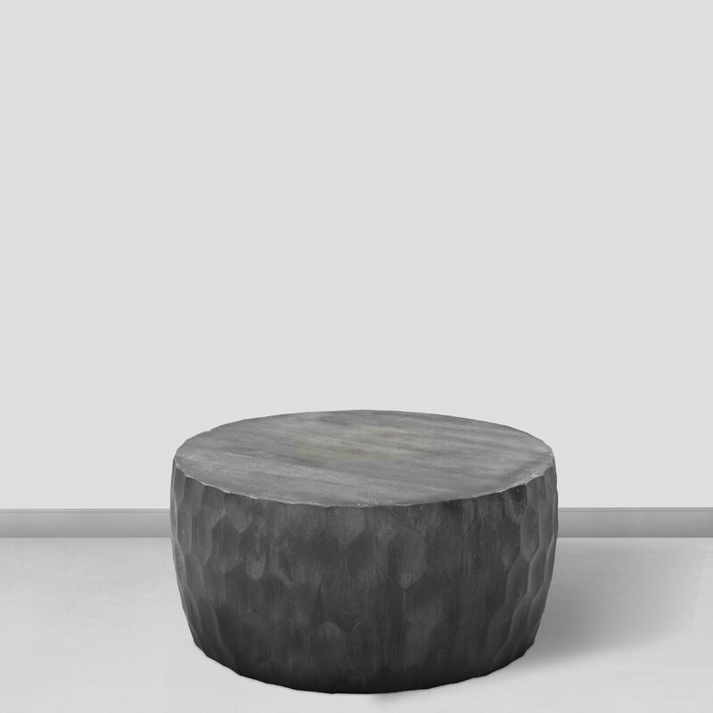 Val 34 Inch Handcrafted Mango Wood Coffee Table, Hammered Round Drum Shape, Honeycomb, Rustic Gray