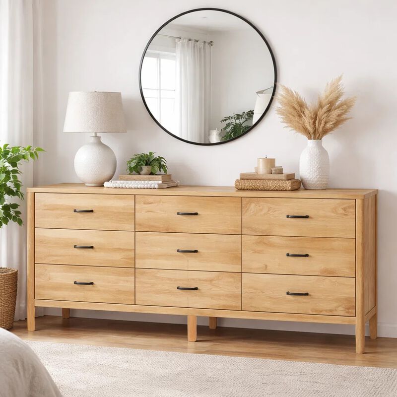 Geti 84 Inch Wide Dresser, 9 Spacious Drawers, Handcrafted Natural Oak White Mango Wood image number 6
