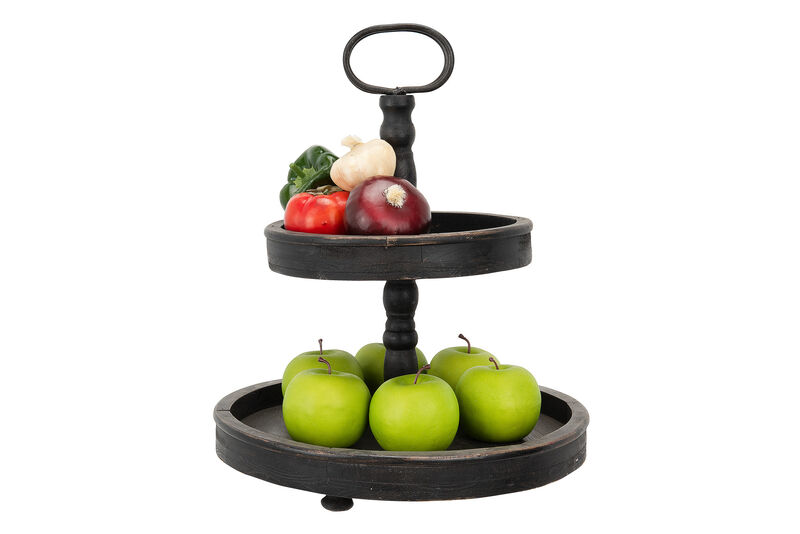 Distressed Blackwashed Wood 2-Tier Tray with Metal Handle image number 3