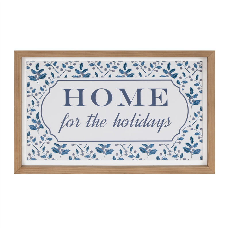 HomeRoots 10" X 19" Blue And White Home For The Holidays Wood Framed Art image number 0