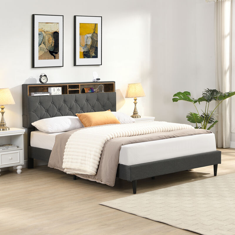 Merax Bed Frame with Storage Headboard & Built-In Charging