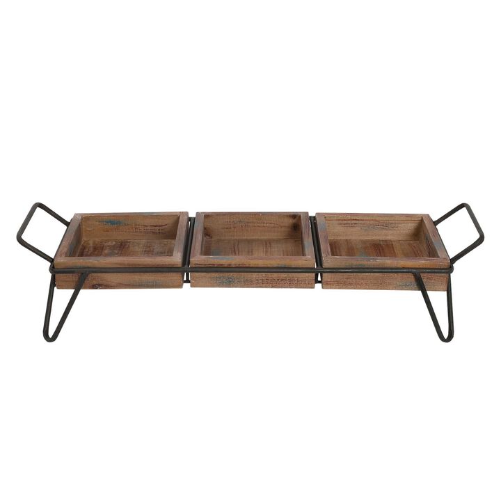 Artisinal Wood Serving Tray, 3 Seperate Sections and Metal Frame, Brown, Black-Benzara