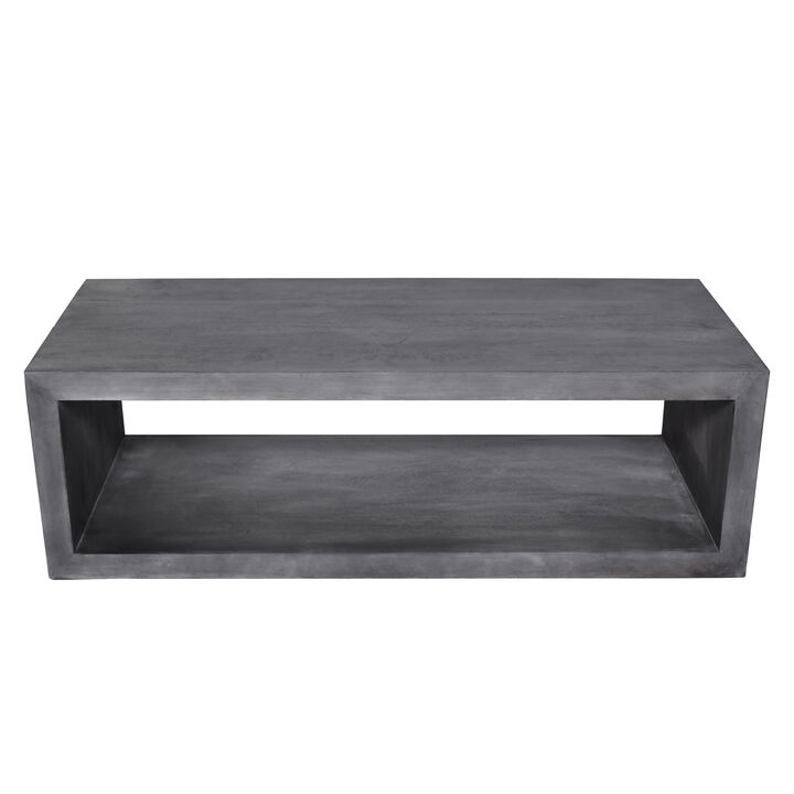 58" Cube Shape Wooden Coffee Table with Open Bottom Shelf, Charcoal Gray-Benzara