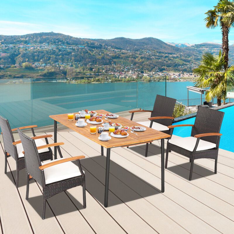 Mondawe 5Pcs Patio Dining Set, Acacia Wood Umbrella Hole Table & 4 Cushioned Chairs W/ Wood Armrests