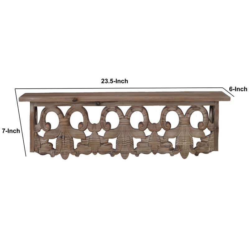 23.5 Inches Wooden Wall Shelf with Scrollwork, Small, Brown - Benzara
