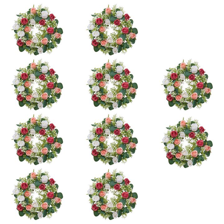 10 Pack Faux Rose Wreaths with Pink and White Flowers for Wedding, Party & Home Table Decor