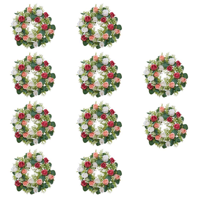 10 Pack Faux Rose Wreaths with Pink and White Flowers for Wedding, Party & Home Table Decor image number 0