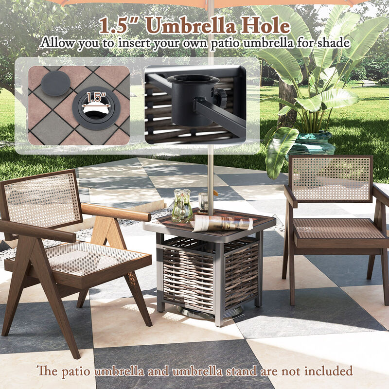 Outdoor PE Rattan Side Table Square End Table with Umbrella Hole