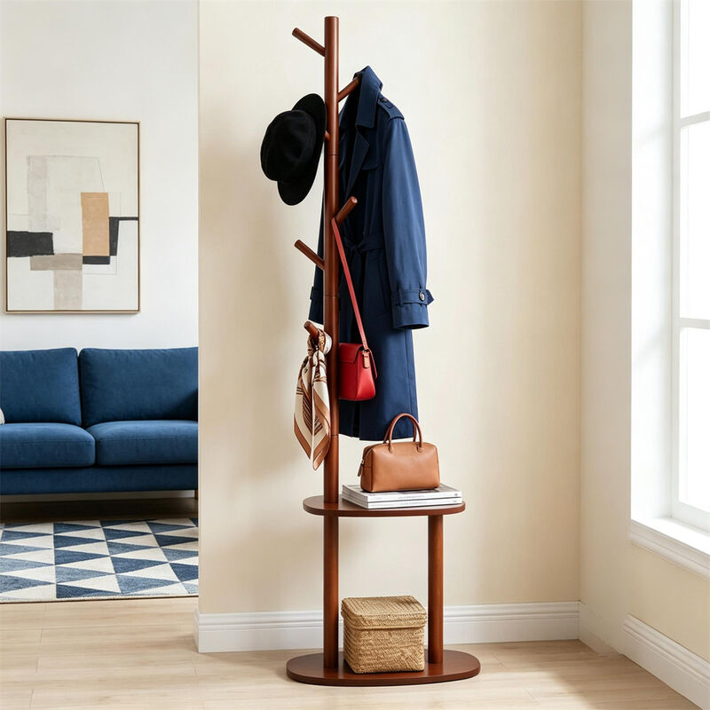 Freestanding Wood Coat Rack with 8 Hooks and 2 Shelves for Home Storage image number 6