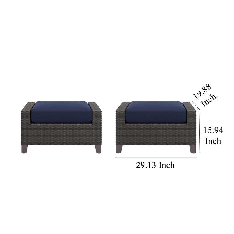 Kyl Outdoor Ottoman Set of 2, 29 Inch Blue Cushioned Top w Woven Gray - Benzara