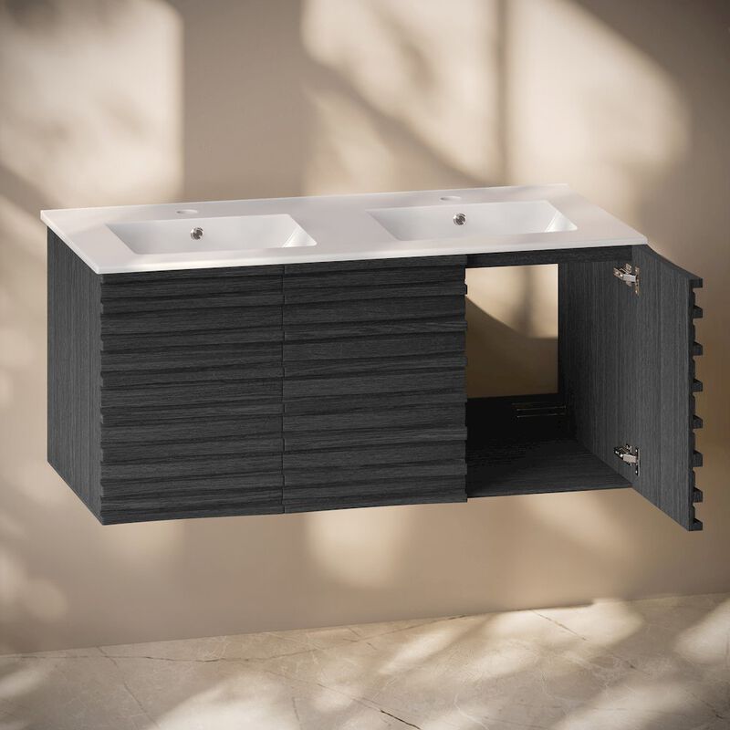 Cascade 48" Wall-Mounted Bathroom Vanity in Black Oak with Double Basin Sink Top image number 7