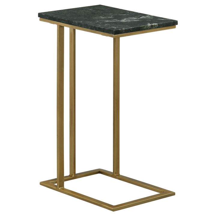 Enu 25 Inch Accent C Table, Marble Top, Gold Metal Cantilever Base, Gray - Benzara