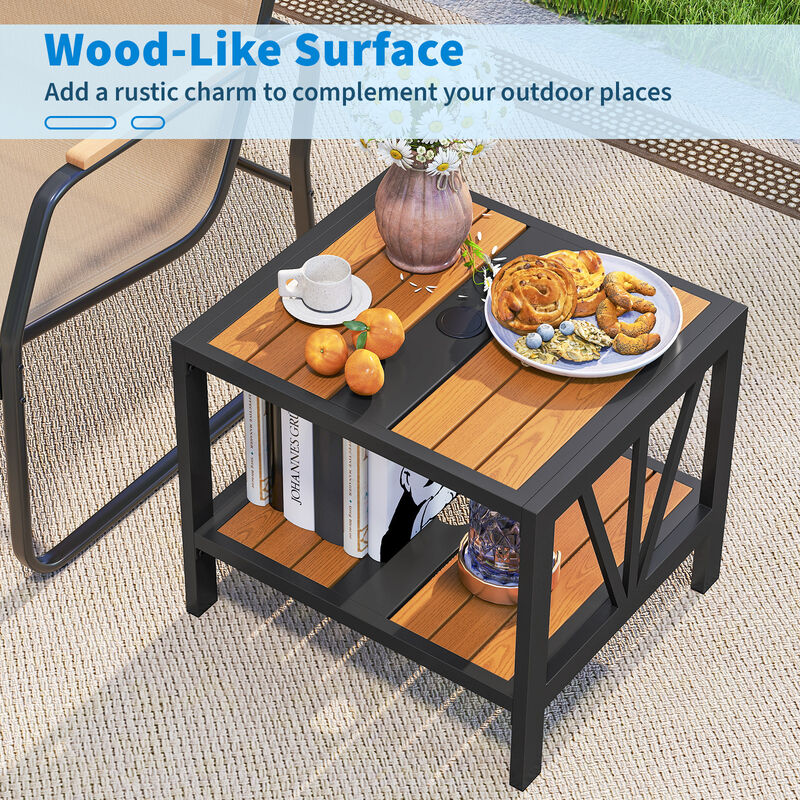 Outdoor Side Table with Built-In Umbrella Hole and Storage Shelf for Porch image number 6