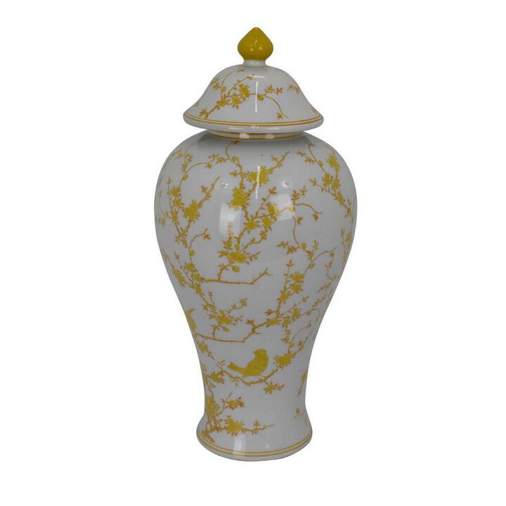 Chris Lidded Accent Jar, Yellow Bird and Floral, White Ceramic 20 Inch - Benzara