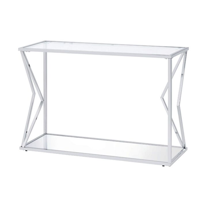 Sofa Table with Glass Top and Bottom Shelf and Geometric Accent, Silver-Benzara