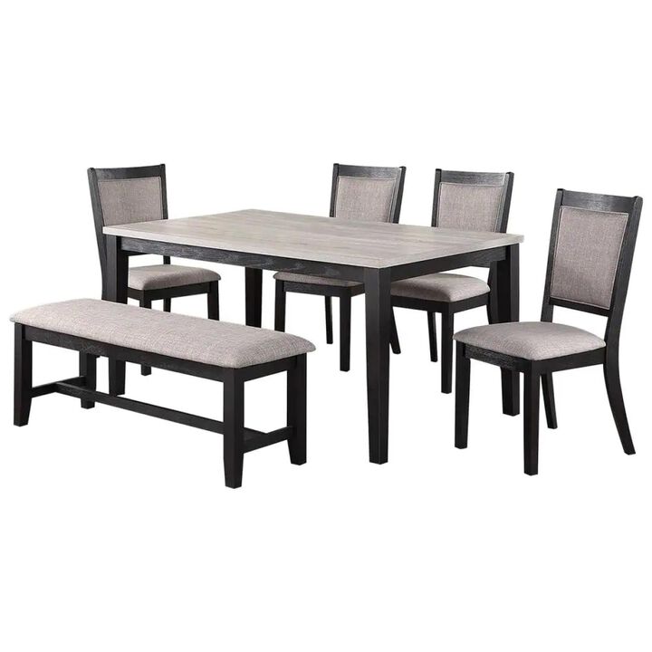 Contemporary Dining 6pc Set Table w 4x Side Chairs And Bench Padded Upholstered Cushion Seats Chairs Solid wood And Veneers Dining Room Furniture