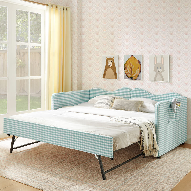 Merax Gingham Daybed with Trundle & Guardrails &ndash; Solid Wood Frame, Side Storage Pocket image number 2