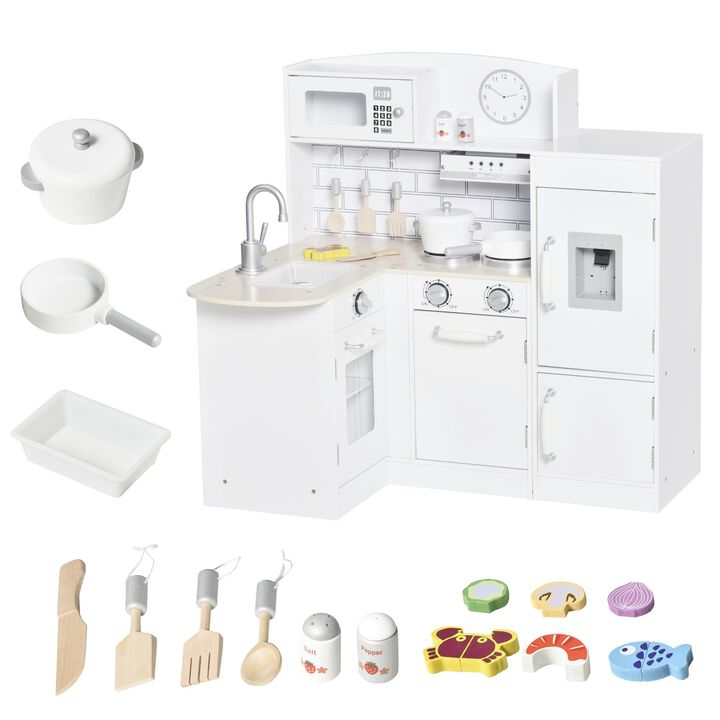 Kids Play Kitchen Set Pretend Wooden Cooking Toy Set with Drinking Fountain, Microwave, Fridge and Accessories for Age 3 Years, White