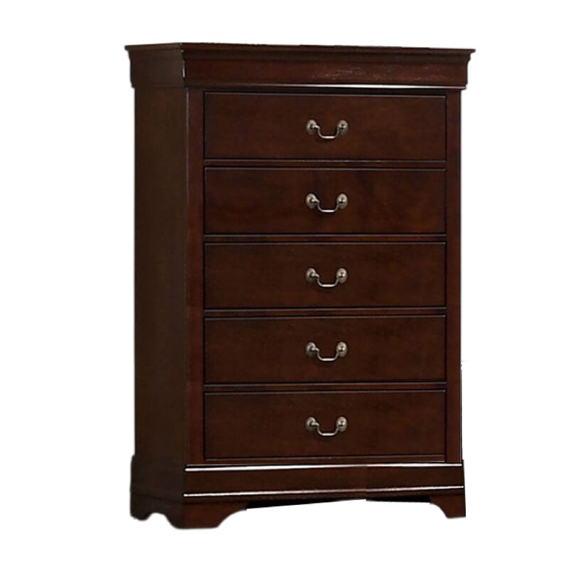 Ryla Tall Dresser Chest, 5 Drawers, Metal Handles, Cherry Brown Solid Wood - Benzara