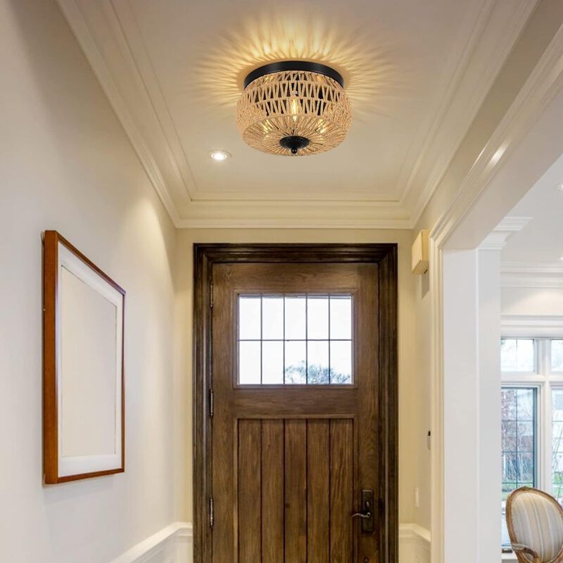 ELEMENT ACE 3-Light Hand-Woven Rattan Flush Mount Ceiling Light Fixture with Hollow Cage Shade Perfect for Bedroom, Kitchen, Foyer, Porch, Living Room and Entry Hall image number 6