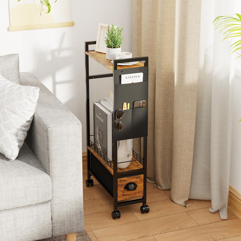 Oppro Small Side End Table with Drawer for Small Spaces, Narrow Slim Nightstand Bedside Sofa Table with Wheels, Space Saving Ski