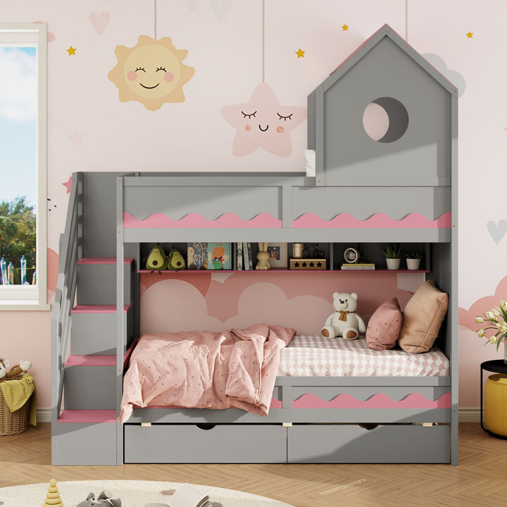 Merax Twin Size Castle Bunk Bed with Wave Texture, LED Lights & Storage Staircase