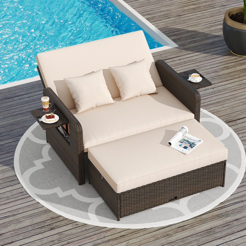 Rattan Adjustable Patio Daybed Set with Cushions and Storage Ottoman image number 2