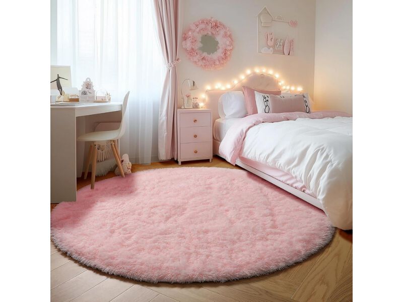 Light Pink Round Shag Rug 4 Ft Soft Fluffy Carpet for Girls Bedroom Decor image number 1
