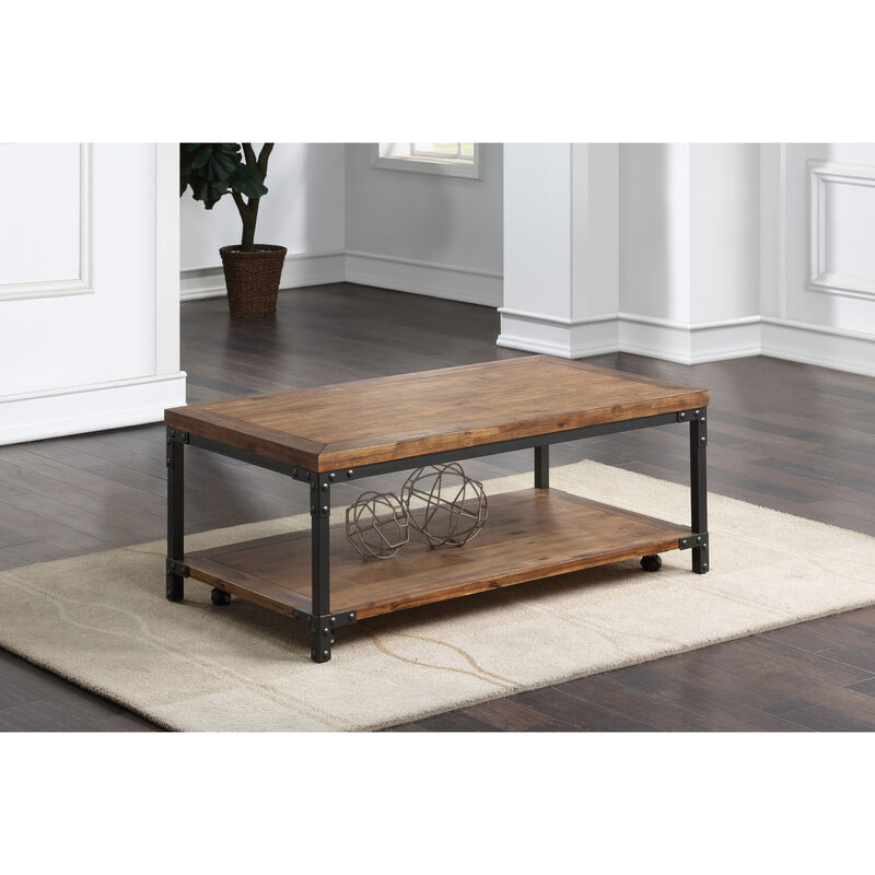 Rustic-Industrial Cocktail Table - Mixed Media Styling, Antiqued Honey Finish, Bottom Shelf - Attitude and Functionality