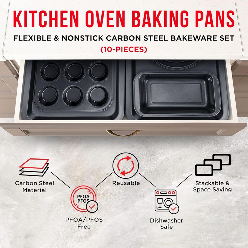 Baking Set – 10 Piece – Deluxe Non Stick Black Coating Inside and Outside – Carbon Steel Bakeware Set – PFOA PFOS and PTFE Free by Bakken