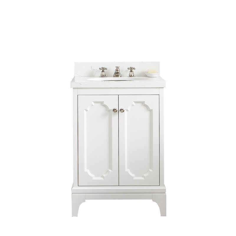 Queen 24 In. Single Sink Sink Carrara Quartz Countertop Bath Vanity in Pure White with Polished Nickel (PVD) Hardware