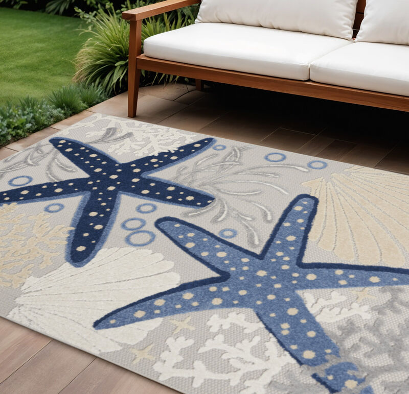 HomeRoots 7' X 10' Navy Blue And Gray Starfish Indoor Outdoor Area Rug image number 1