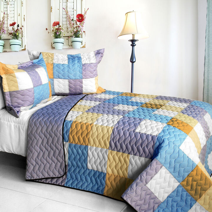 Vermicelli-Quilted Patchwork Quilt Set 3-Piece with Matching Pillow Shams