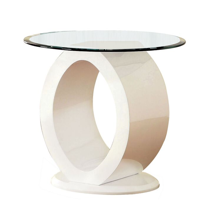 Contemporary Tempered Glass Top End Table with O Shape Base, White-Benzara